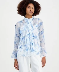 Anne Klein Womens Printed Ruffled Long Sleeve Blouse
