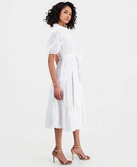 Anne Klein Women's Puff-Sleeve Midi Eyelet Shirtdress
