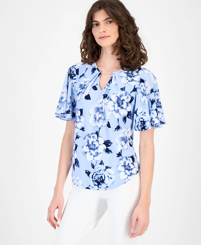 Anne Klein Women's Pleated Printed Bell-Sleeve Top