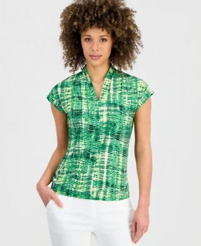 Kasper Womens Printed V Neck Cap Sleeve Top