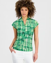 Kasper Womens Printed V Neck Cap Sleeve Top