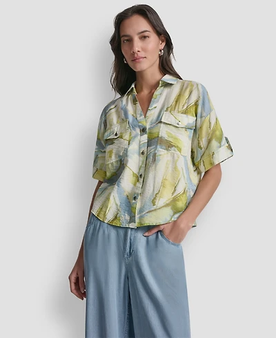 Dkny Women's Roll-Tab Sleeves Collar Neck Top