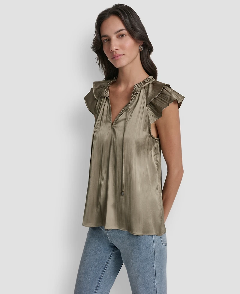 Dkny Women's Short-Sleeve Pleated Tie Front Blouse