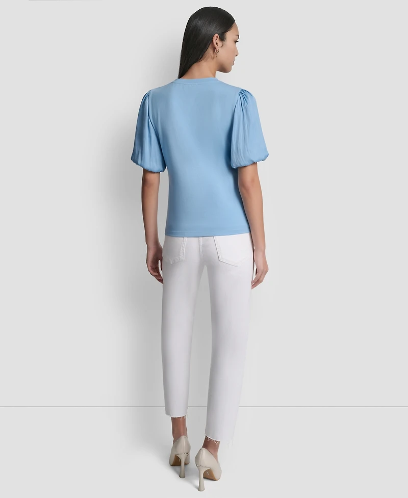 Dkny Women's Puffed Crewneck Mix Media Knit Top