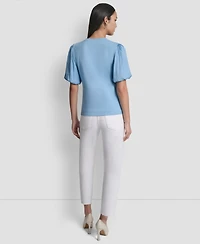 Dkny Women's Puffed Crewneck Mix Media Knit Top