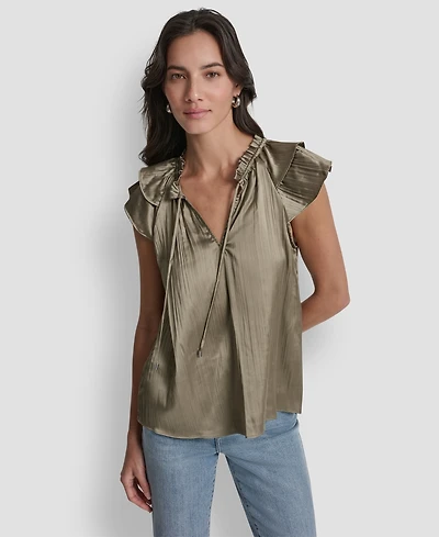 Dkny Women's Short-Sleeve Pleated Tie Front Blouse