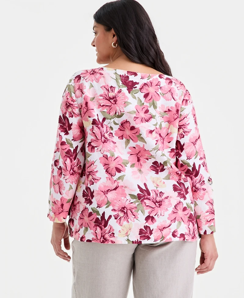 Charter Club Plus Linen Floral-Print 3/4-Sleeve Blouse, Macy's Exclusive
