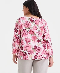 Charter Club Plus Linen Floral-Print 3/4-Sleeve Blouse, Macy's Exclusive