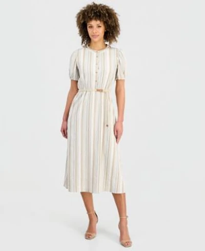 Kasper Womens Striped Puff Sleeve Midi Shirtdress