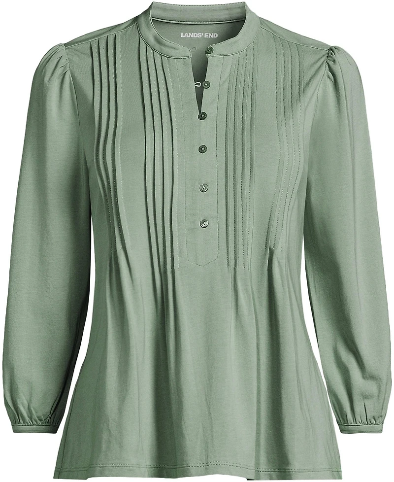 Lands' End Women's Tall Lightweight Jersey Button Pintuck Top