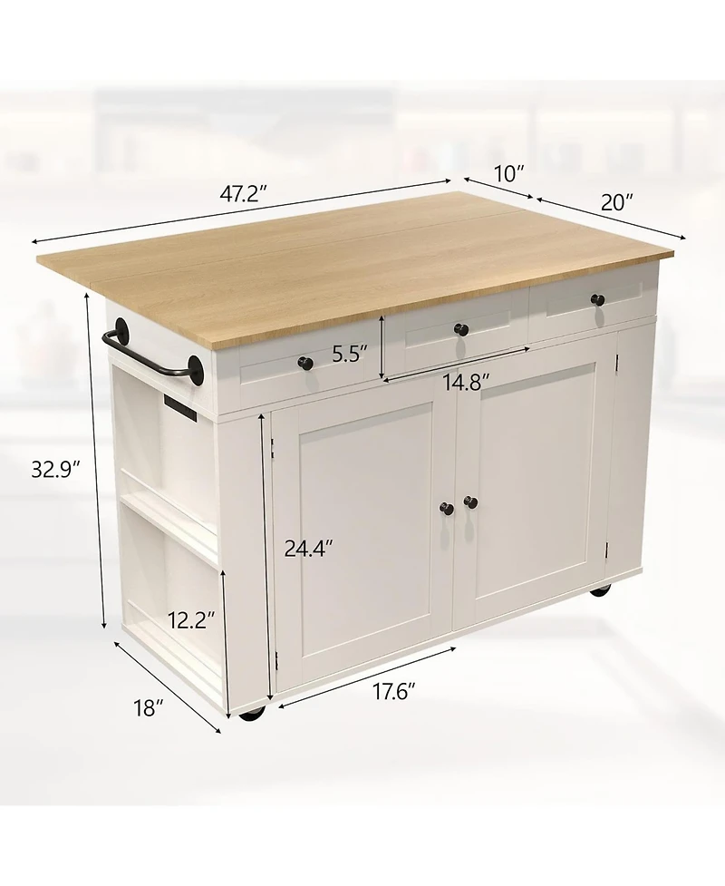 gaomon Rolling Kitchen Island with Drop Leaf Countertop, Charging Station & Ample Storage- 47.2 in Mobile Kitchen Cart On Wheels with Pull-Out Shelves