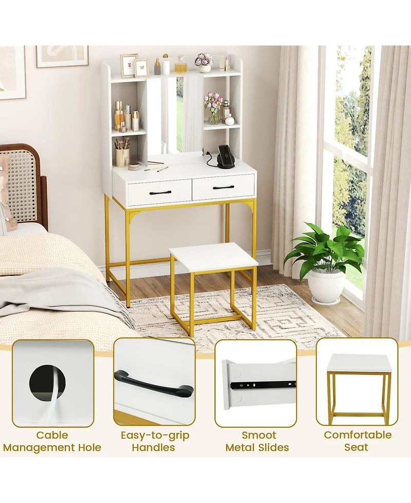 Volenca Vanity Desk with Storage Drawers and Charging Station, Makeup Dressing Table