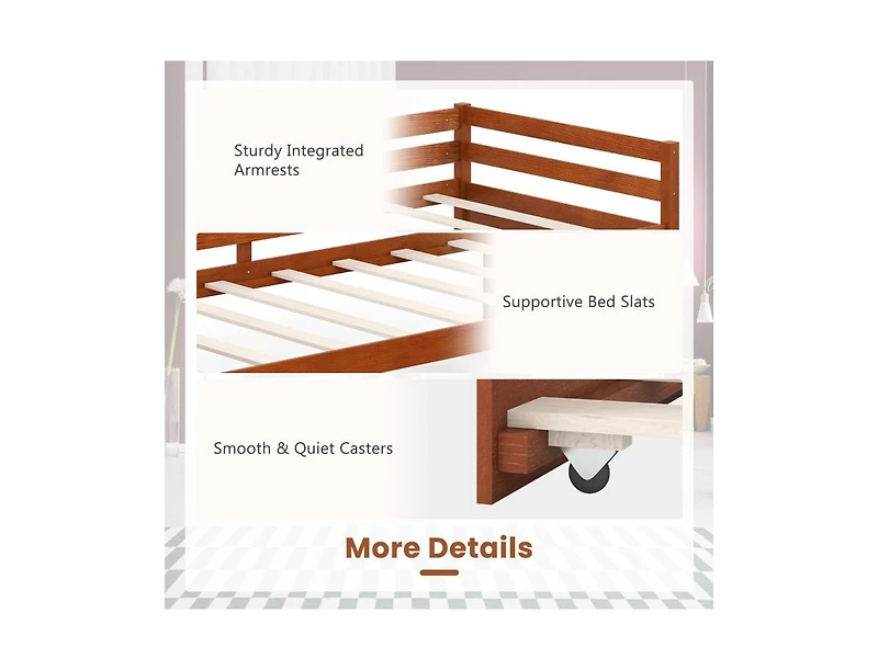 Slickblue Twin Size Trundle Platform Bed Frame with Wooden Slat Support