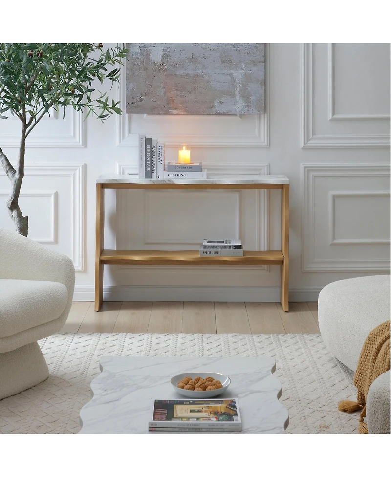 Boyel Living 47.24" Whisper of Waves Modern Console Table w/ Marble-Pattern Top, Solid Wood Veneered Open Storage Shelf, Entryway