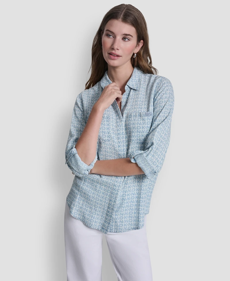 Dkny Jeans Women's Garment-Dye & Print Split-Back Button-Front Shirt