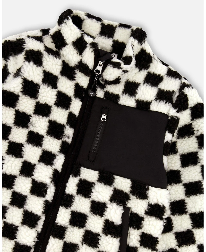 Deux par Deux Kids Unisex Sherpa Jacket Black Checkerboard - Toddler|Child