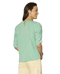 Democracy Petite Printed Ruched-Sleeve Scoop-Neck Top