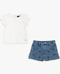 7 For All Mankind Baby Girls' Ruffle Sleeve Top and Bow Detailed Shorts, 2-Piece Set