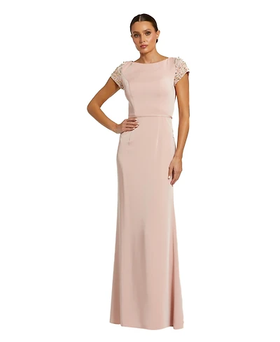 Women's Beaded Cap Sleeve Bateau Column Dress