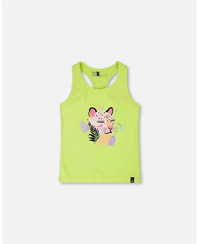 Deux par Big Girls Cotton Jersey Tank Top Lime Green with Screen Print