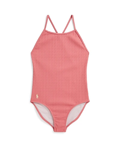 Polo Ralph Lauren Girls' 7-16 Mini-Cable Jacquard Round Neck One-Piece Swimsuit