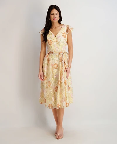 kensie Women's Embroidered Sequin V-Neck Mesh Dress