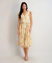 kensie Women's Embroidered Sequin V-Neck Mesh Dress