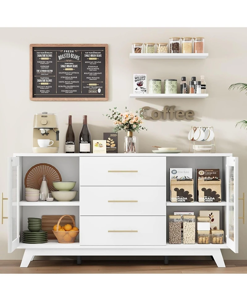Gaomon 56" Large Sideboard Buffet with Drawer, Buffet Storage Cabinet with Adjustable Shelves and Fluted Glass Door, Modern Coffee Bar Cabinet