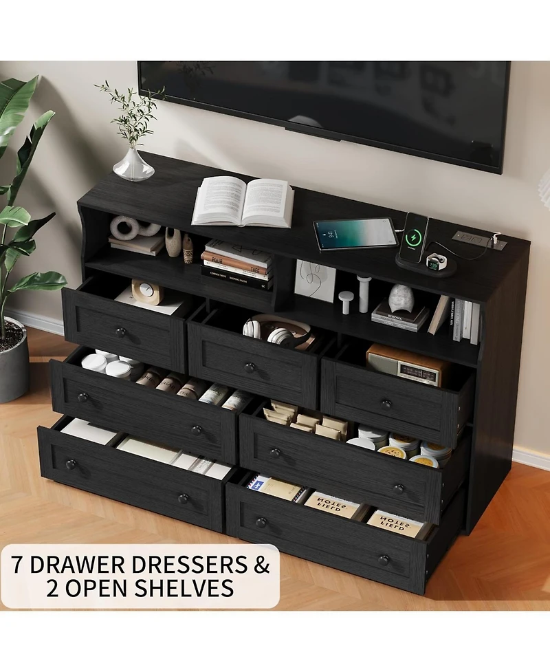 gaomon 7-Drawer Dresser with Led Lights & Charging Station, Wooden Chest with Open Storage for Bedroom