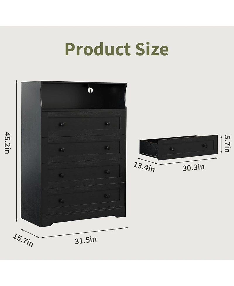 gaomon 4-Drawer Wooden Dresser with Led Lights & Charging Station