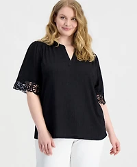 Anne Klein Plus Split-Neck Lace-Trim Elbow-Sleeve Top
