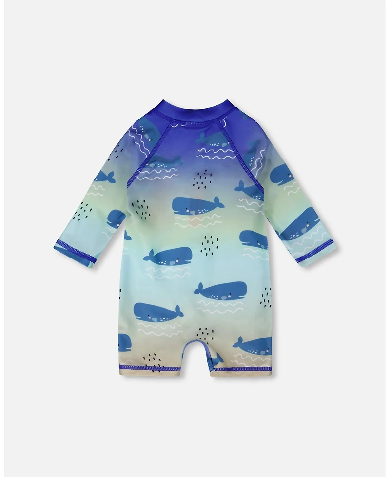 Deux par Deux Baby Boys One-Piece Long Sleeve Rashguard Blue Whale Print