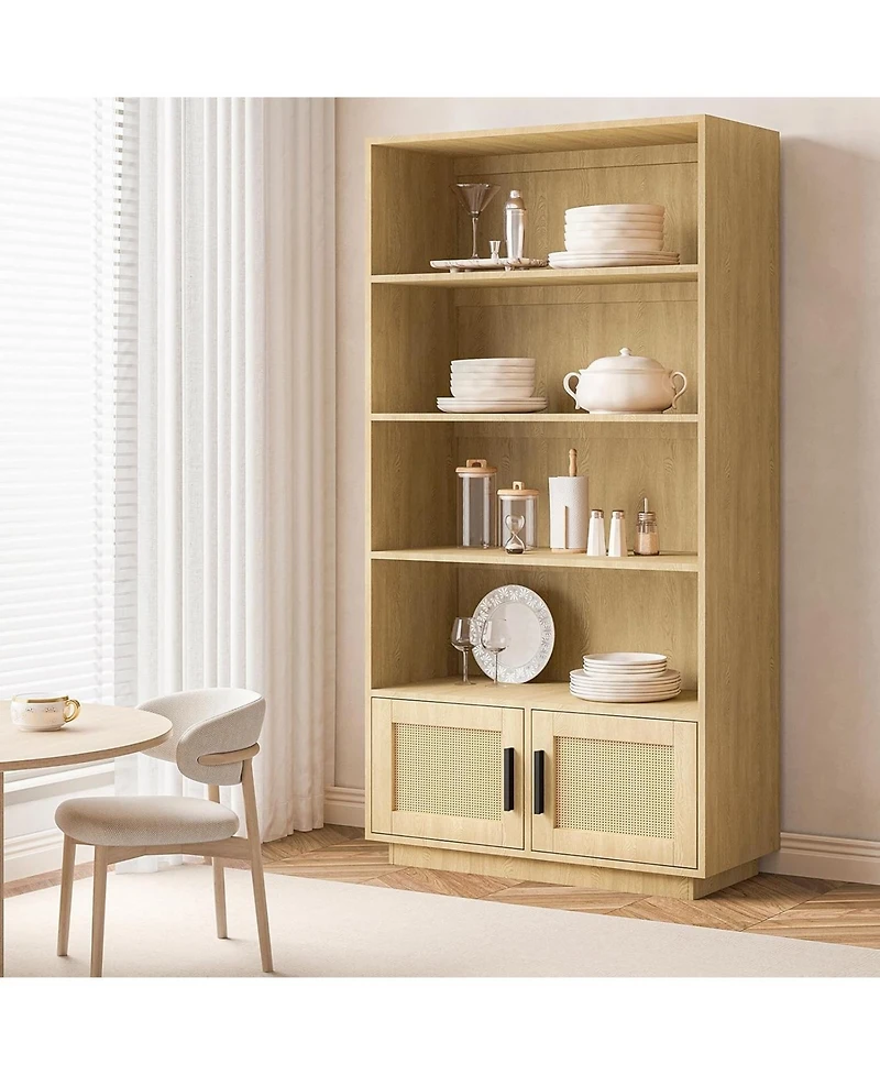 gaomon 5 Tier Bookshelf, Boho Bookcase with Rattan Doors, Wooden and Bookshelf Storage, Tall Book Stand, Large for Living Room