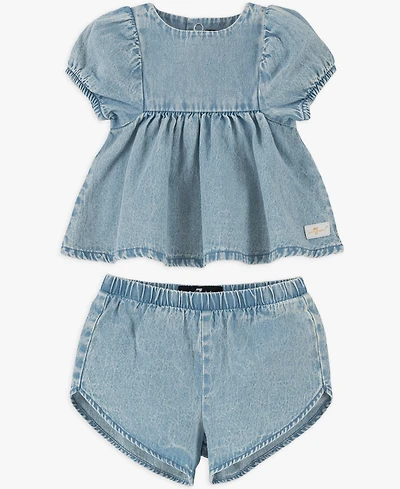 7 For All Mankind Baby Girls' Balloon Sleeve Top and Denim Shorts, 2-Piece Set