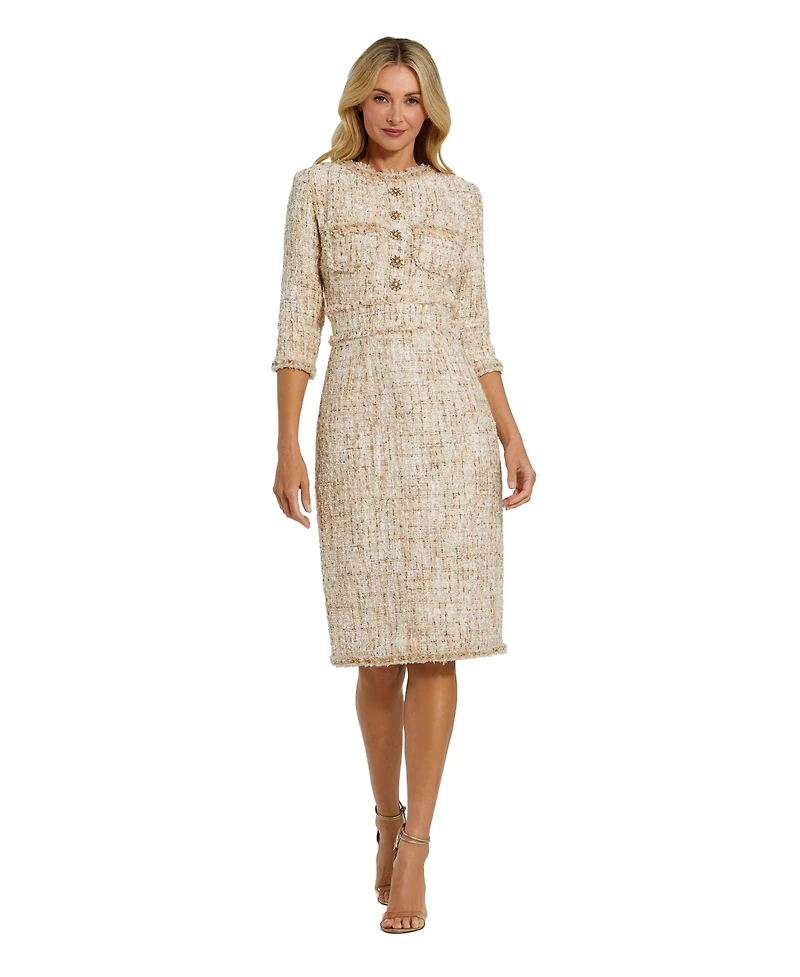 Mac Duggal Petite Beaded Trim Boucle Midi Dress with 3/4 Sleeves