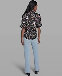 Karl Lagerfeld Paris Women's All-Over Printed Button Front Blouse