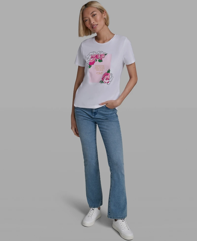 Karl Lagerfeld Paris Women's Rose Print Crew Neck T-Shirt