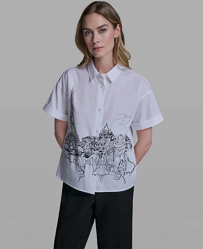 Karl Lagerfeld Paris Women's Collared Short-Sleeve Poplin Shirt
