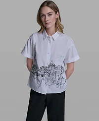 Karl Lagerfeld Paris Women's Collared Short-Sleeve Poplin Shirt