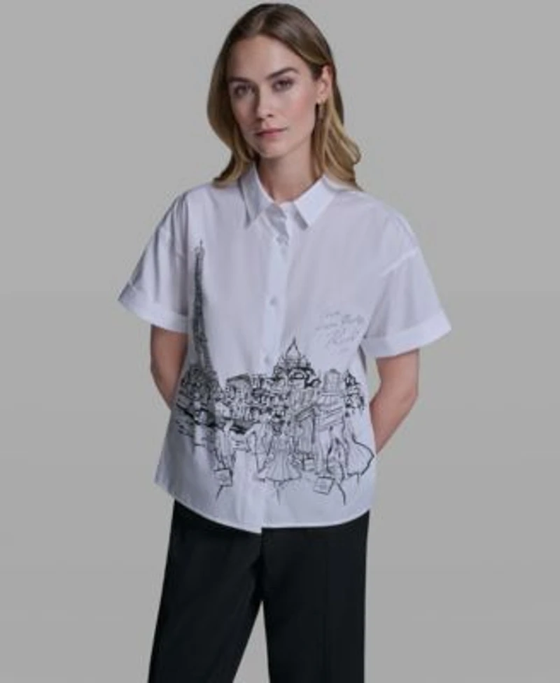 Karl Lagerfeld Paris Womens Collared Short Sleeve Poplin Shirt
