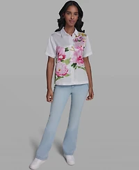 Karl Lagerfeld Paris Women's Short-Sleeve Floral Collared Shirt