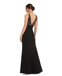 Mac Duggal Petite Crepe Sleeveless Beaded V Neck Gown With Bow