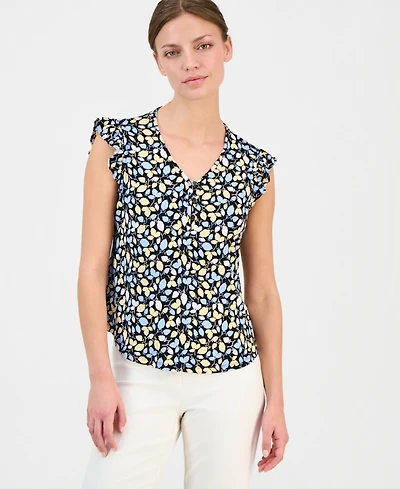 Anne Klein Essentials Petite Short-Sleeve V-Neck Button-Front Top