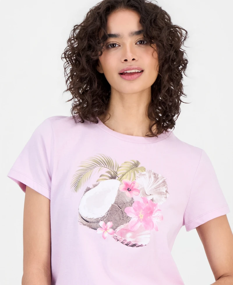 Rebellious One Juniors' Coconut Flower Graphic-Print Cotton T-Shirt