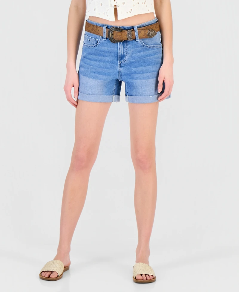 Dollhouse Juniors' Belted Cuffed Denim Shorts