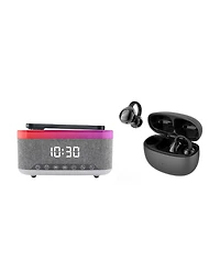 Pursonic Complete Wireless Audio & Charging Bundle – Alarm Clock Radio Speaker with Wireless Charger + Earbuds