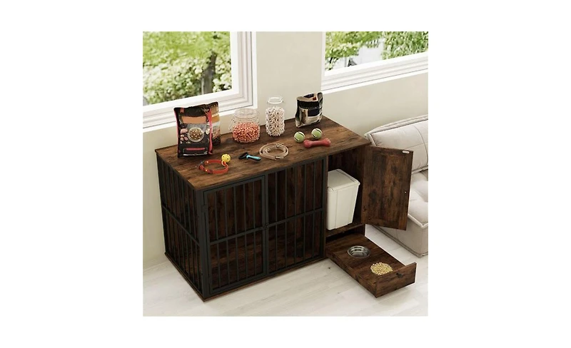 Aostirmotor Space-Saving Dog Crate End Table, 2-in-1 Furniture with Hidden Pull-Out Food Bowls & Durable Chew-Proof Frame