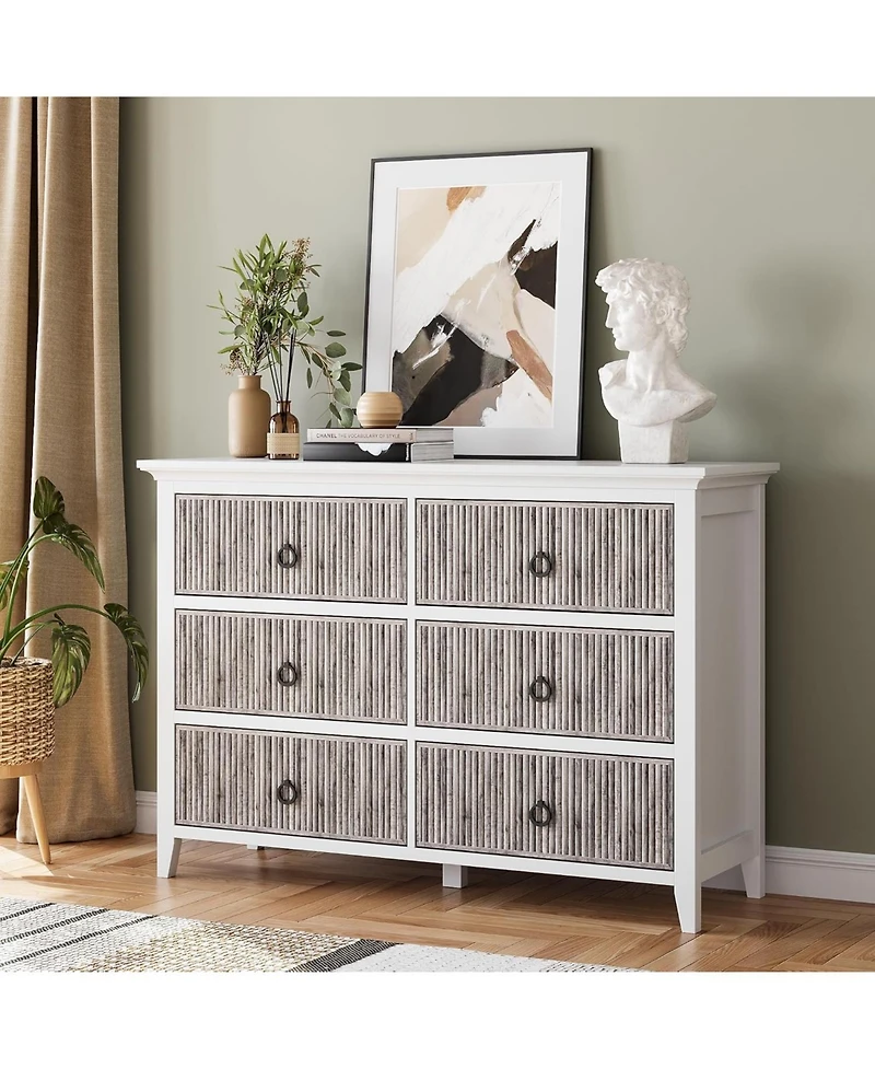 gaomon Fluted Dresser for Bedroom with 6 Drawers, 47 Inch Wide Multi-Functional Anti-Tip Storage Cabinet, Round Handle,Wooden Storage Cabinet Tv Stand