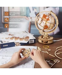 Robotime 3D Wooden Puzzles for Adults Illuminated Globe with Stand 180pcs 3D Puzzles Built-in Led Model Kit Hobby Gifts for Adults Home Decor