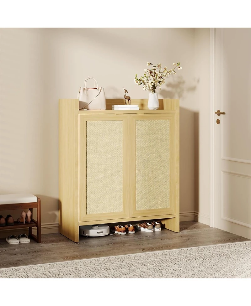 Gaomon Entryway Rattan Shoe Cabinet, Wooden Storage with Adjustable Shelves and Guardrail Top, Freestanding Hallway Rack
